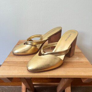 Fancy gold leather mules with stacked wooden heel